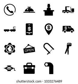 Solid vector icon set - phone vector, client bell, recieptionist, fork loader, baggage truck, mobile payment, dollar pin, encashment car, gear globe, open, fretsaw, plumber, jack, tool box