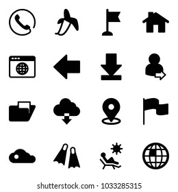 Solid vector icon set - phone vector, banana, flag, home, browser globe, left arrow, download, user login, folder, cloud, map pin, flippers, beach