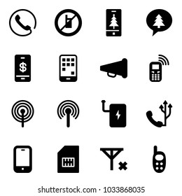 Solid vector icon set - phone vector, no mobile sign, christmas, merry message, payment, speaker horn, antenna, power bank, sim, signal, toy