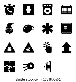 Solid vector icon set - phone alarm vector, male wc, schedule, santa claus, lemon, ambulance star, safe, tunnel road sign, railway intersection, hand touch, uplooad, puzzle, first satellite