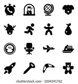 Solid vector icon set - phone alarm vector, officer window, globe, dog, christmas deer hat, run, gymnastics, pear, limited distance road sign, office chair, plane, cruiser, rocket, screw, boomerang
