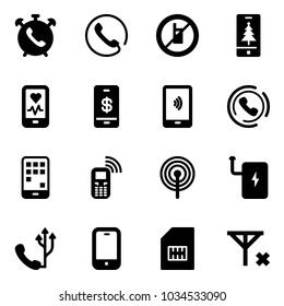 Solid vector icon set - phone alarm vector, no mobile sign, christmas, heart monitor, payment, horn, antenna, power bank, sim, signal