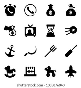 Solid vector icon set - phone alarm vector, money bag, encashment, tv news, sand clock, first satellite, anchor, sickle, farm fork, awl, rocking horse, abacus, wheel, toy plane