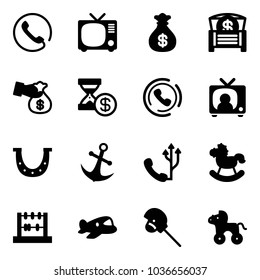 Solid vector icon set - phone vector, tv, money bag, chest, encashment, account history, horn, news, luck, anchor, rocking horse, abacus, plane toy, stick, wheel