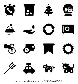Solid vector icon set - phone alarm vector, trash, christmas tree, snowball house, mountains, drop hand, exchange, safe, encashment, wallet time, flag, sun, farm fork, car toy, horse, cat