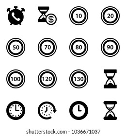 Solid vector icon set - phone alarm vector, account history, speed limit 10 road sign, 20, 50, 70, 80, 90, 100, 120, 130, sand clock, time, around