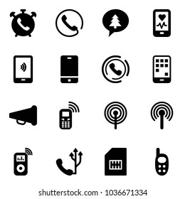 Solid vector icon set - phone alarm vector, merry christmas message, mobile heart monitor, payment, horn, speaker, antenna, music player, sim, toy