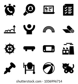 Solid vector icon set - phone alarm vector, head hunter, statistics monitor, list, growth, success, rainbow, mat, hand wheel, skateboard, game console, plant, nail dowel, cocncrete mixer, beach ball