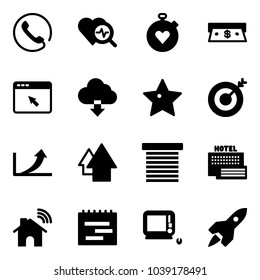 Solid vector icon set - phone vector, heart diagnosis, stopwatch, cash, cursor browser, download cloud, star, target, growth arrow, up, jalousie, sea hotel, wireless home, terms plan, monoblock pc
