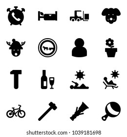 Solid vector icon set - phone alarm vector, hotel, fork loader, dog, christmas deer hat, no cart horse road sign, user, flower pot, work, wine, reading, beach, bike, sledgehammer, dowel, beanbag