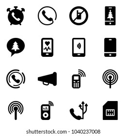 Solid vector icon set - phone alarm vector, no mobile sign, christmas, merry message, heart monitor, payment, horn, speaker, antenna, music player, sim