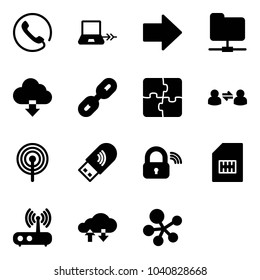 Solid vector icon set - phone vector, notebook connect, right arrow, network folder, download cloud, link, puzzle, information exchange, antenna, usb wi fi, wireless lock, sim, router, data