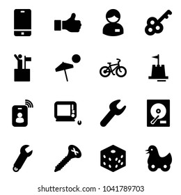 Solid vector icon set - phone vector, like, manager, key, win, beach, bike, sand castle, identity card, monoblock pc, wrench, hdd, screw, bones, toy duck