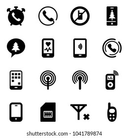 Solid vector icon set - phone alarm vector, no mobile sign, christmas, merry message, heart monitor, payment, horn, antenna, music player, sim, signal, toy
