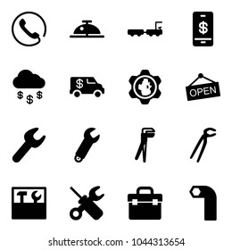 Conjunto de iconos de vector sólido: vector de teléfono, campana de cliente, coche de equipaje, pago móvil, lluvia de dinero, camión de captación, globo de engranajes, abierto, llave, fontanero, caja de herramientas, destornillador, llave allende