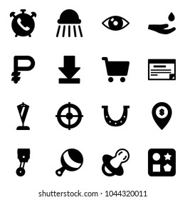 Solid vector icon set - phone alarm vector, shower, eye, drop hand, ruble, download, cart, schedule, pennant, target, luck, atm map pin, piston, beanbag, soother, cube hole toy