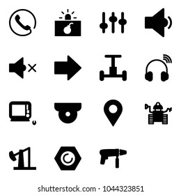 Solid vector icon set - phone vector, terrorism, settings, low volume, off, right arrow, gyroscope, wireless headphones, monoblock pc, surveillance camera, navigation pin, robot, oil derrick, nut