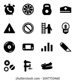 Solid vector icon set - phone alarm vector, lemon slice, weight, doctor hat, intersection road sign, prohibition, opportunity, business idea, cd, game console, chart, work knife, rivet, clamp