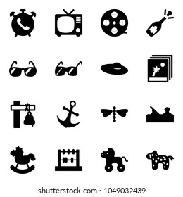 Solid vector icon set - phone alarm vector, tv, film coil, fizz opening, sunglasses, woman hat, photo, ship bell, anchor, dragonfly, jointer, rocking horse, abacus, wheel, toy