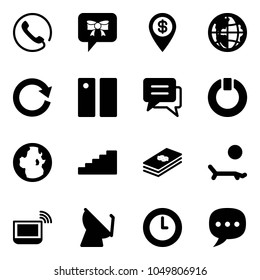 Solid vector icon set - phone vector, bow message, dollar pin, globe, reload, pause, chat, standby, stairs, lounger, notebook wi fi, satellite antenna, clock