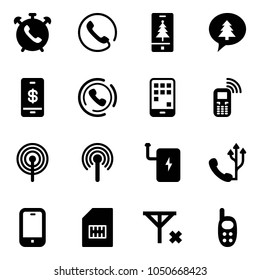 Solid vector icon set - phone alarm vector, christmas mobile, merry message, payment, horn, antenna, power bank, sim, no signal, toy