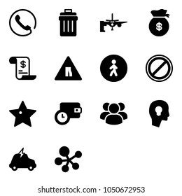 Solid vector icon set - phone vector, trash bin, boarding passengers, money bag, account history, Road narrows sign, pedestrian way, no parking, star, wallet time, group, head bulb, electric car