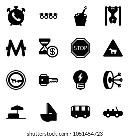 Solid vector icon set - phone alarm vector, garland, champagne, pull ups, monero, account history, stop road sign, cow, no cart horse, key, idea, solution, inflatable pool, sailboat toy, bus, car