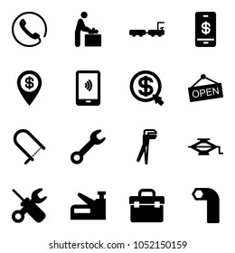 Solid vector icon set - phone vector, baby room, baggage truck, mobile payment, dollar pin, money click, open, fretsaw, wrench, plumber, jack, screwdriver, stapler, tool box, allen key