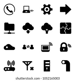 Solid vector icon set - phone vector, notebook connect, gear, right arrow, network folder, download cloud, upload, puzzle, information exchange, wi fi, wireless lock, router, no signal, server