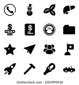 Solid vector icon set - phone vector, snowman, three leafs, liver, bank, annual report, limited distance road sign, folder, star, paper plane, group, flag, rocket, hammer, beanbag, toy car