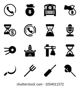 Solid vector icon set - phone vector, money bag, chest, encashment, account history, horn, sand clock, microphone, first satellite, fort, ship bell, sickle, farm fork, awl, horse stick toy