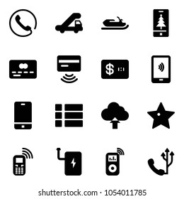 Solid vector icon set - phone vector, trap truck, snowmobile, christmas mobile, credit card, tap pay, payment, menu, upload cloud, star, power bank, music player
