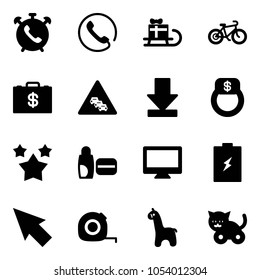 Solid vector icon set - phone alarm vector, sleigh gift, bike, money case, multi lane traffic road sign, download, finger ring, stars, uv cream, monitor, battery, cursor, measuring tape, toy giraffe