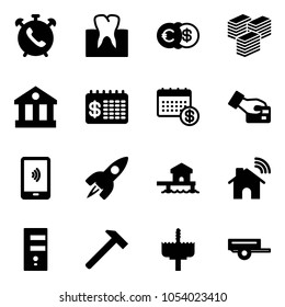 Solid vector icon set - phone alarm vector, tooth, euro dollar, big cash, bank, finance calendar, card pay, mobile payment, rocket, bungalow, wireless home, server, hammer, crown drill, trailer