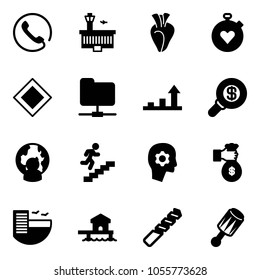 Solid vector icon set - phone vector, airport building, heart, stopwatch, main road sign, network folder, growth arrow, search money, man globe, career, brain work, rich, hotel, bungalow, drill