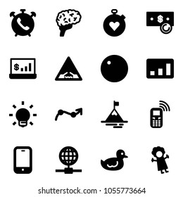 Solid vector icon set - phone alarm vector, brain, stopwatch heart, cash, account statistics, drawbridge road sign, record, bulb, chart point arrow, mountain, mobile, globe, duck toy, doll