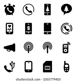 Solid vector icon set - phone alarm vector, christmas mobile, merry message, heart monitor, payment, horn, speaker, antenna, music player, sim, toy