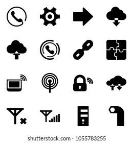 Solid vector icon set - phone vector, gear, right arrow, download cloud, upload, horn, link, puzzle, notebook wi fi, antenna, wireless lock, exchange data, no signal, fine, server, allen key