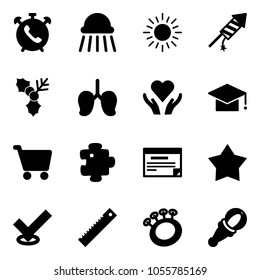 Solid vector icon set - phone alarm vector, shower, sun, firework rocket, holly, lungs, heart care, graduate hat, cart, puzzle, schedule, star medal, check, ruler, beanbag
