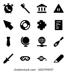Solid vector icon set - phone alarm vector, tooth brush, bank, oncoming traffic road sign, cursor, lifebuoy, puzzle, document, tie, globe, chisel, clinch, protective glasses, jack, work knife