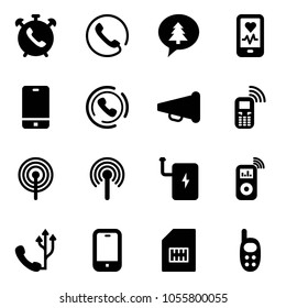 Solid vector icon set - phone alarm vector, merry christmas message, mobile heart monitor, horn, speaker, antenna, power bank, music player, sim, toy