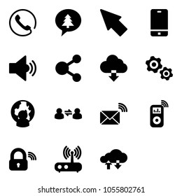 Solid vector icon set - phone vector, merry christmas message, cursor, volume medium, share, download cloud, gears, man globe, information exchange, wireless mail, music player, lock, wi fi router