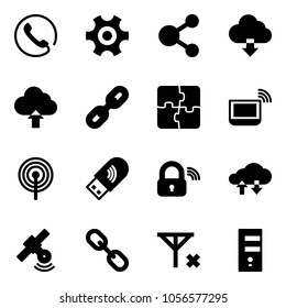 Solid vector icon set - phone vector, gear, share, download cloud, upload, link, puzzle, notebook wi fi, antenna, usb, wireless lock, exchange data, satellite, no signal, server