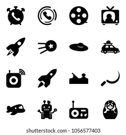 Solid vector icon set - phone alarm vector, horn, film coil, tv news, rocket, first satellite, woman hat, car baggage, wireless speaker, jointer, sickle, plane toy, robot, radio, russian doll