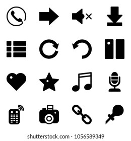 Solid vector icon set - phone vector, right arrow, volume off, download, menu, reload, undo, pause, heart, star, music, microphone, remote control, camera, link, oiler