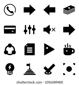 Solid vector icon set - phone vector, right arrow, left, dollar, credit card, settings, volume off, social, document, play, hot tea, idea, pyramid flag, check, record button