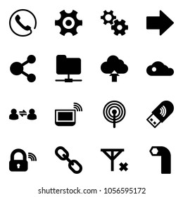 Solid vector icon set - phone vector, gear, right arrow, share, network folder, upload cloud, information exchange, notebook wi fi, antenna, usb, wireless lock, link, no signal, allen key