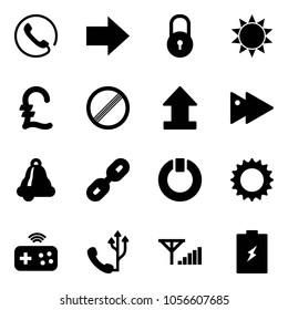 Solid vector icon set - phone vector, right arrow, lock, sun, pound, no limit road sign, upload, fast forward, bell, link, standby, joystick wireless, fine signal, battery