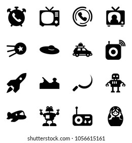 Solid vector icon set - phone alarm vector, tv, horn, news, first satellite, woman hat, car baggage, wireless speaker, rocket, jointer, sickle, robot, plane toy, radio, russian doll