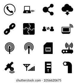 Solid vector icon set - phone vector, notebook connect, share, download cloud, link, puzzle, information exchange, wi fi, antenna, sim, router, satellite, fine signal, server, allen key